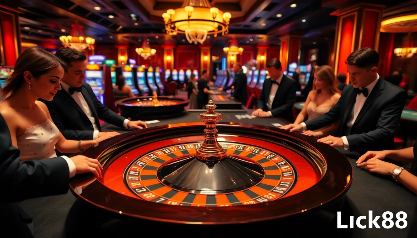 Luck8 players enjoying intense roulette action in a luxurious casino setting.