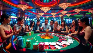 Experience the thrill of win55 at a luxurious casino table with excited players and vibrant chips.