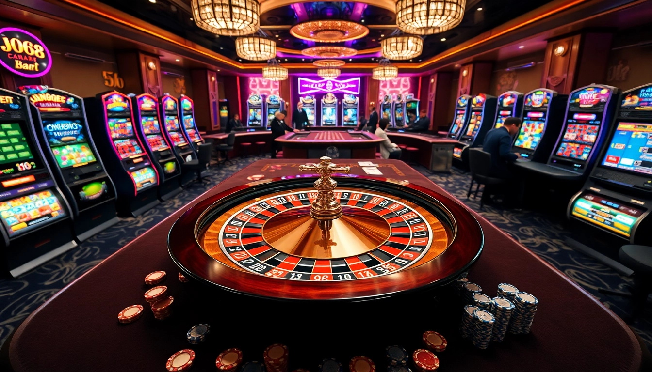 Experience the thrill of Trang chủ NK88 with a luxurious casino gaming scene featuring roulette and slot machines.