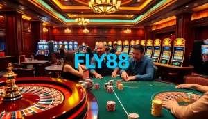 Experience the lively energy of FLY88 as players engage at luxurious casino tables with vibrant slot machines.