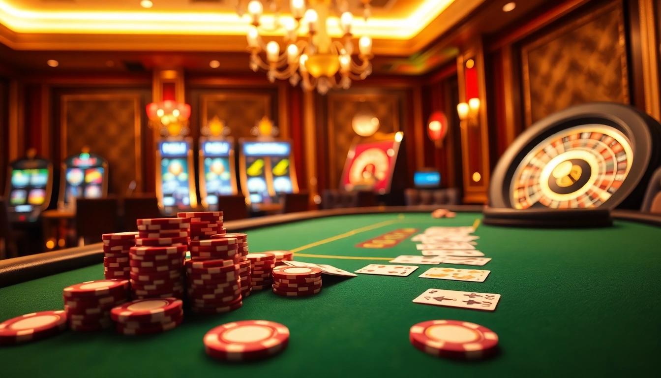 Exciting high-stakes poker scene at https://luck88com.net/ featuring vibrant chips and elegant atmosphere.