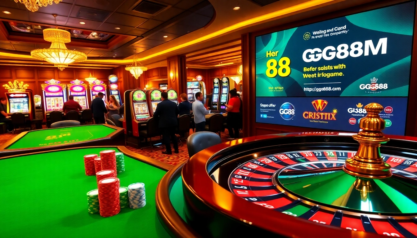 Players excitedly gamble at https://gg88.my/ casino tables with vibrant poker chips and roulette wheels.
