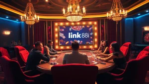 Exciting gaming scene showcasing players interacting with casino elements, emphasizing link 88i for online gambling.
