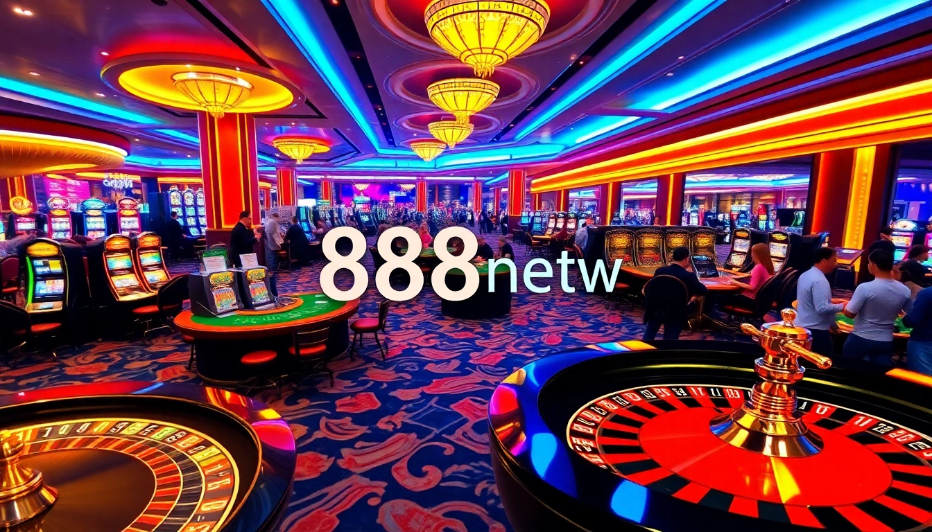 Exciting gaming experience at nhà cái 888new with vibrant tables, slot machines, and players.