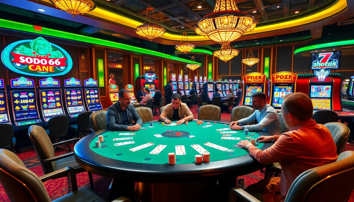 Sodo66 players engaged in high-stakes poker at a vibrant casino table filled with chips.