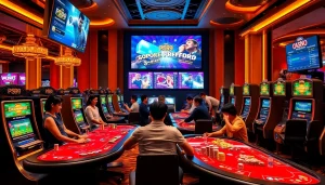 Betting excitement at PS99 thể thao with professional gamblers and vibrant casino elements.