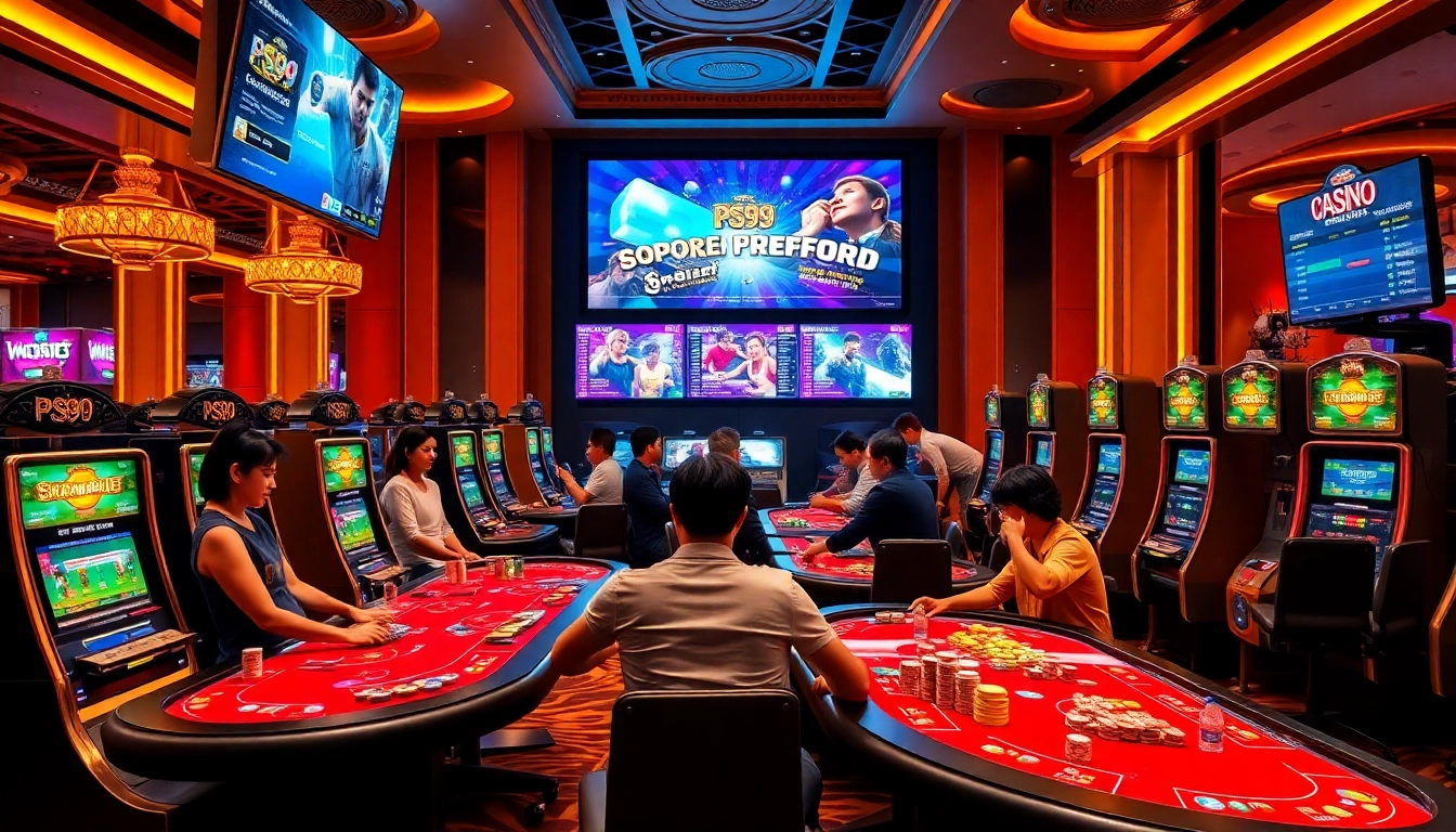 Betting excitement at PS99 thể thao with professional gamblers and vibrant casino elements.