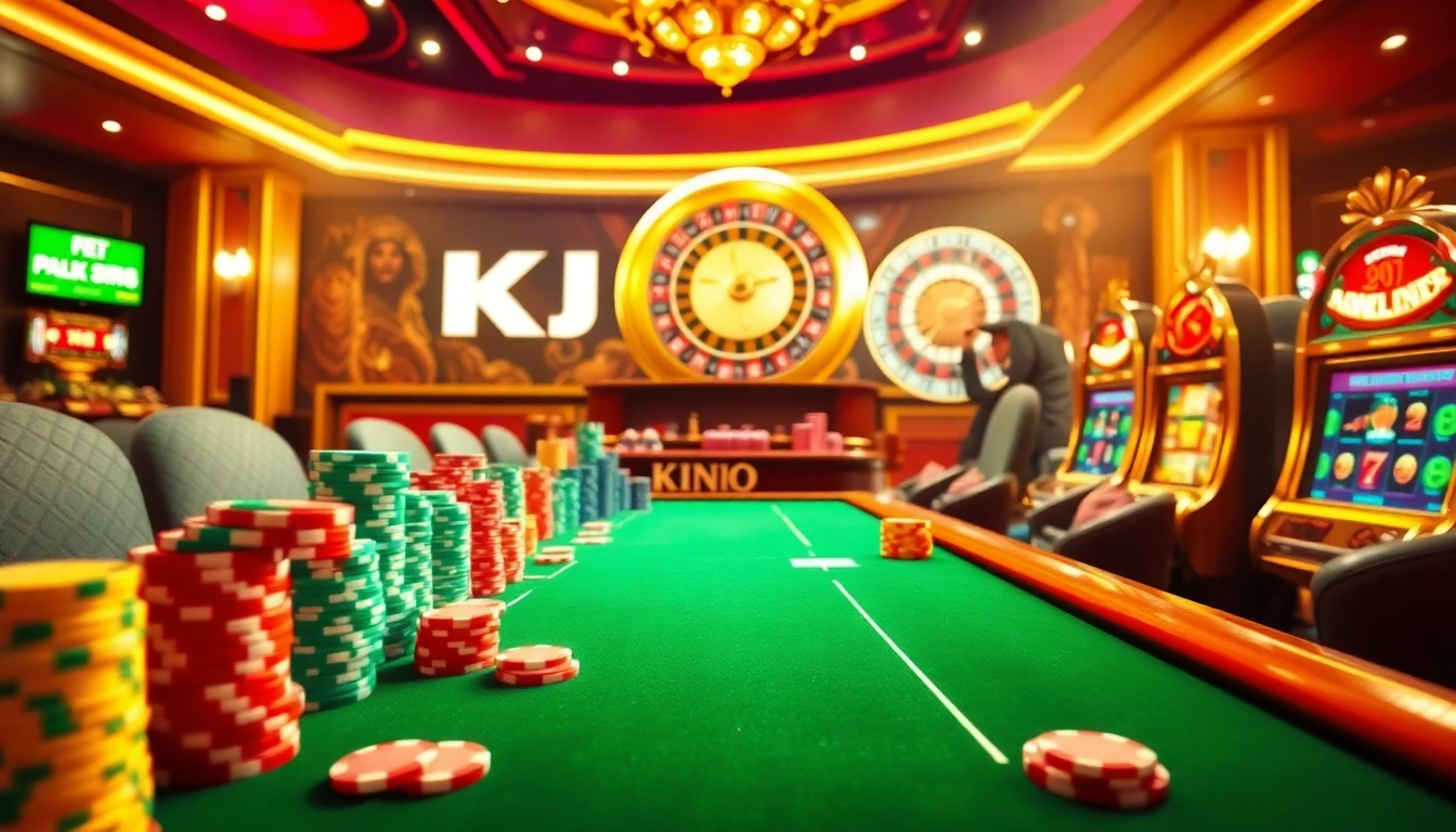 KJC casino scene featuring vibrant gaming tables and poker chips in an inviting atmosphere.