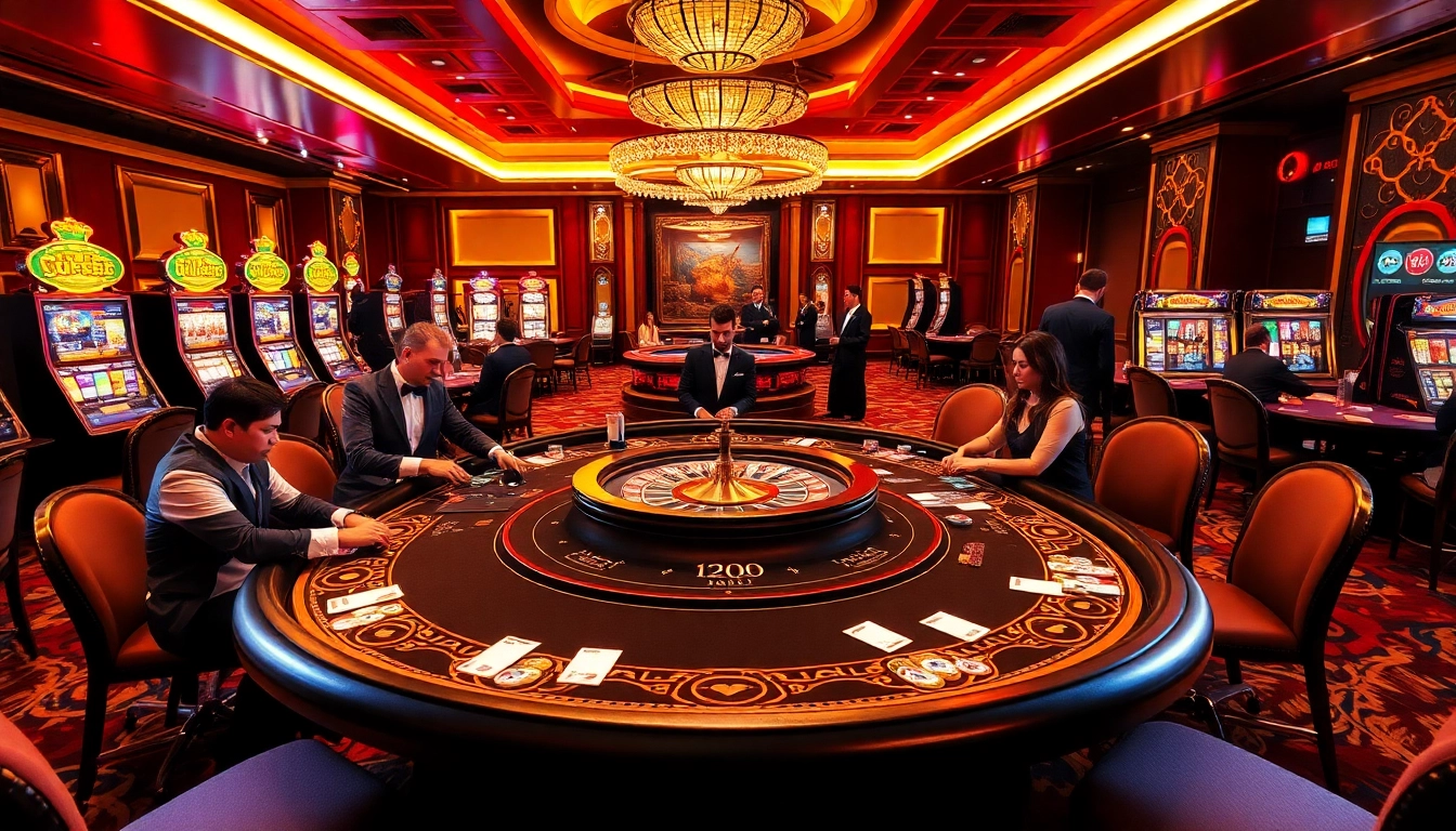 Hi88 professionals engaging in a thrilling casino poker game with vibrant slot machines.