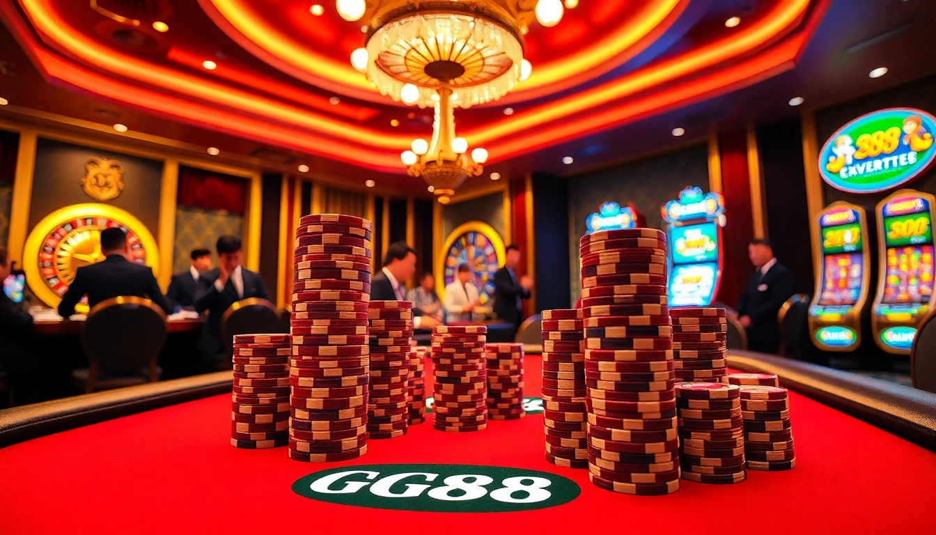 GG88 casino scene featuring a high-stakes poker table, vibrant poker chips, and an elegant ambiance.