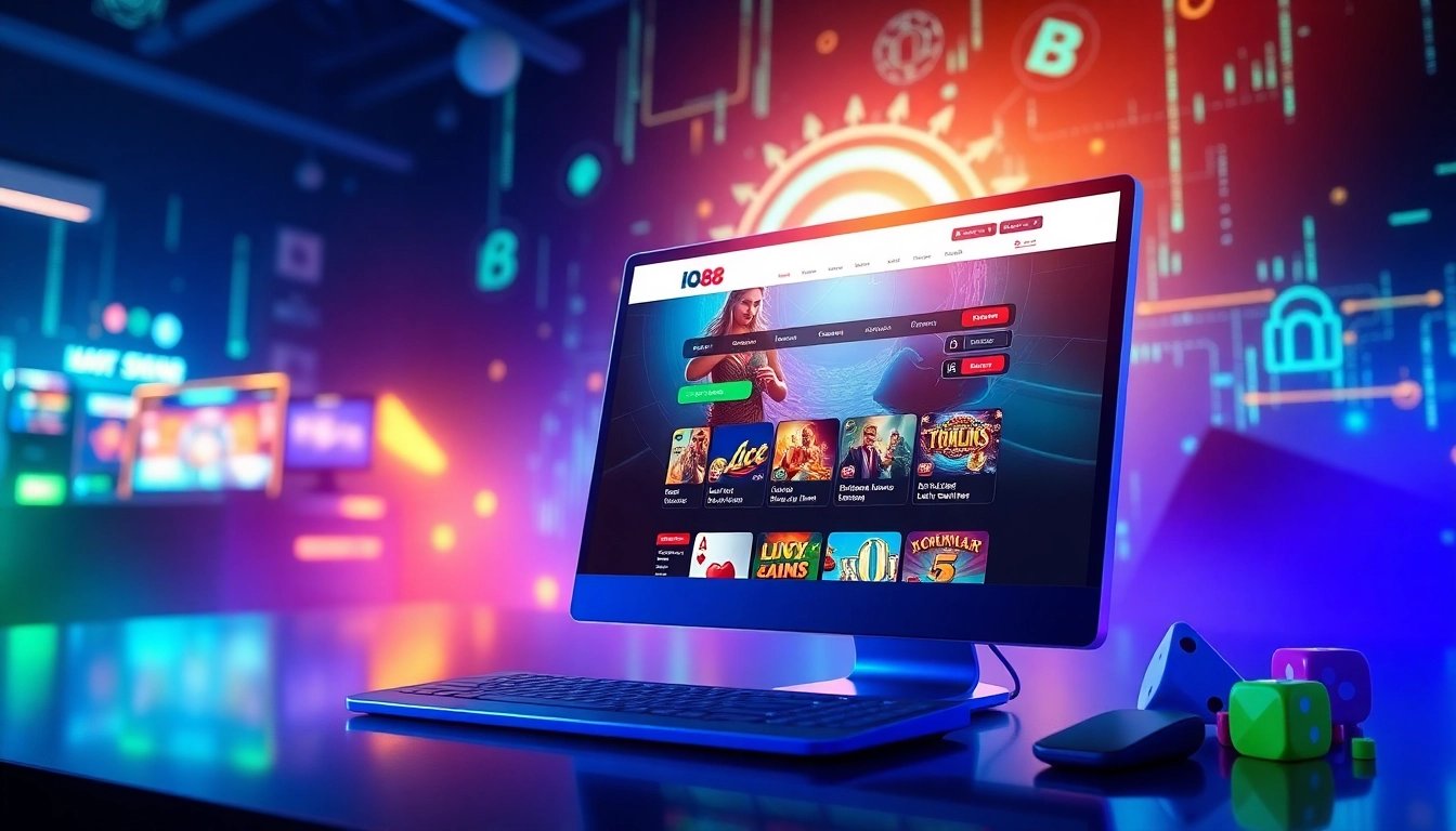Experience exciting online gaming with IQ88 help, featuring a modern casino setup and vibrant gaming elements.