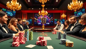 F168 poker players engaged in an intense game with vibrant chips and cards.