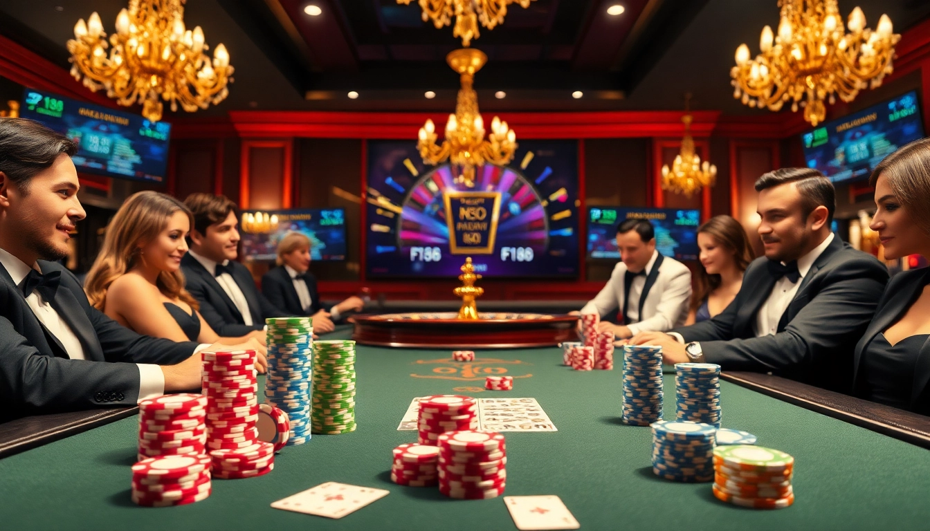 F168 poker players engaged in an intense game with vibrant chips and cards.