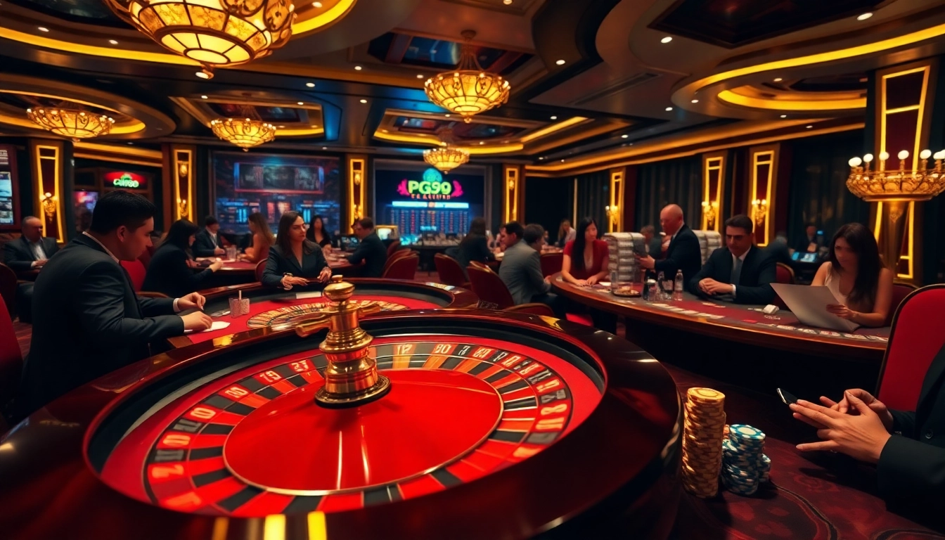 Exciting gameplay at PG99 casino featuring roulette, poker tables, and vibrant chips.