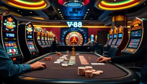 TV88 casino scene showcasing players at a poker table and vibrant slot machines.