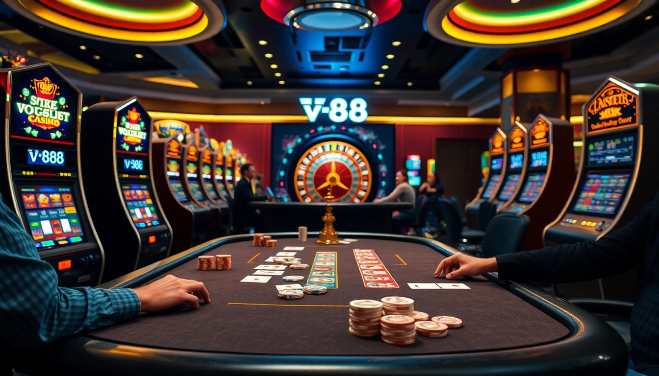TV88 casino scene showcasing players at a poker table and vibrant slot machines.