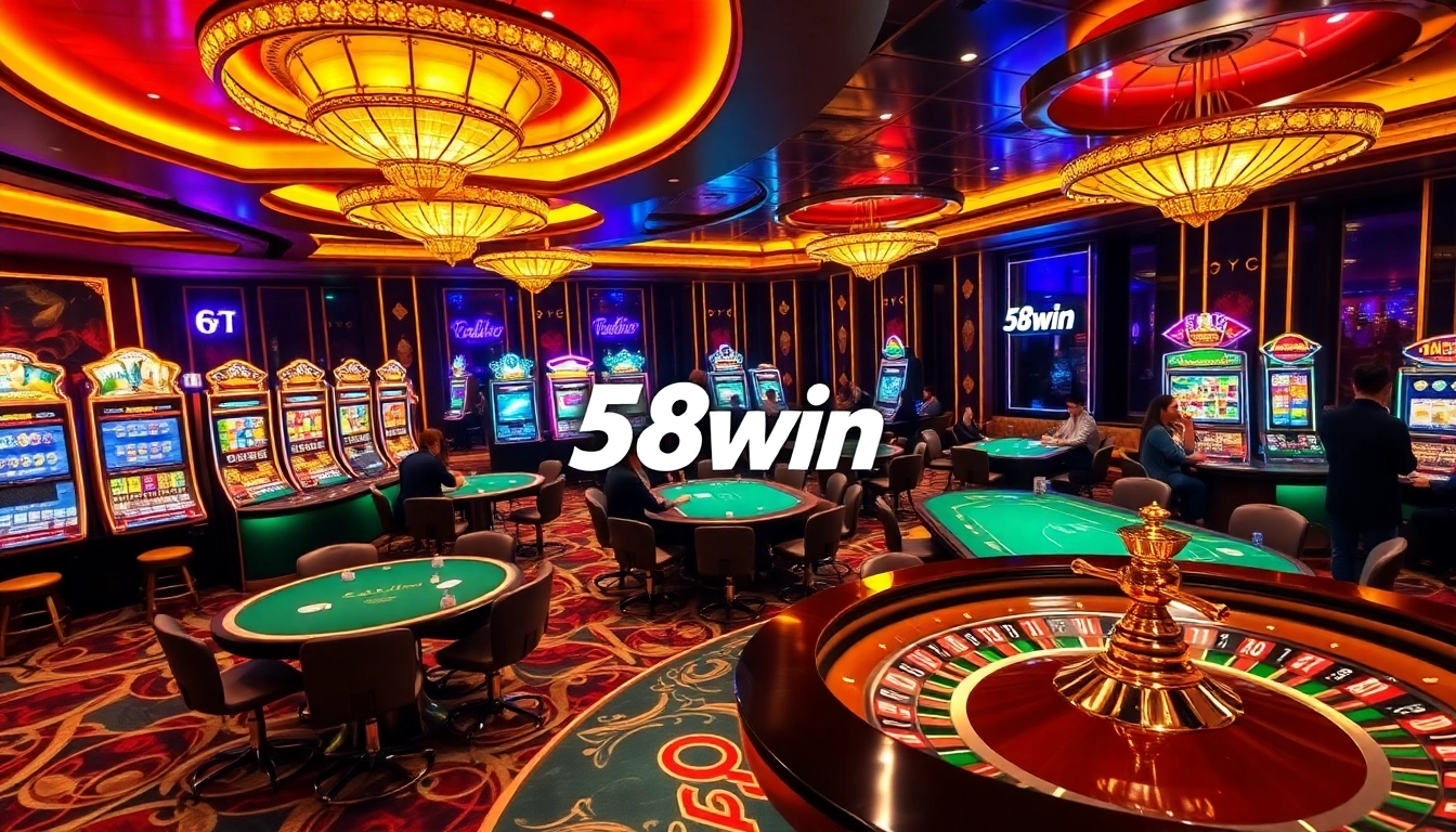 Experience the excitement of 58win with vibrant casino elements and luxurious gaming setups.