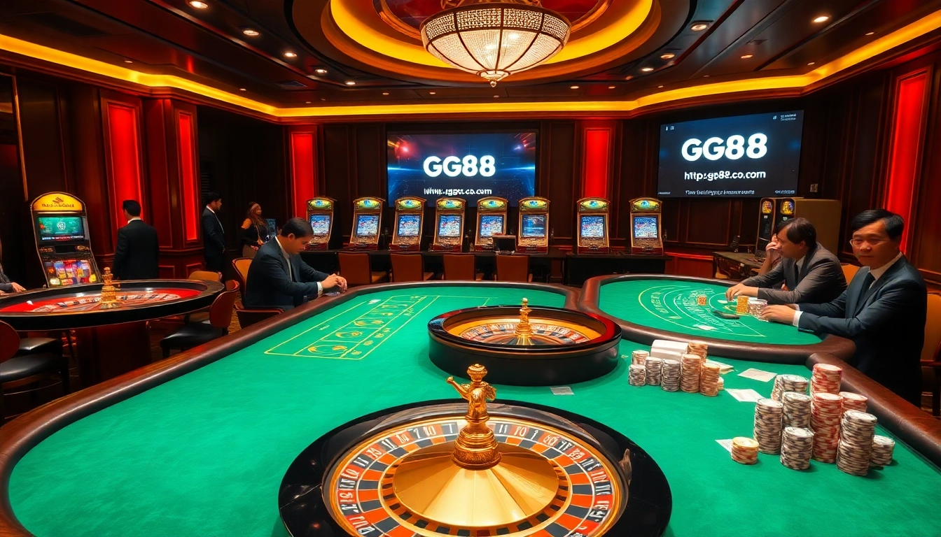 Exciting casino atmosphere featuring poker tables and a roulette wheel at https://gg88.co.com/ for thrilling gambling experiences.