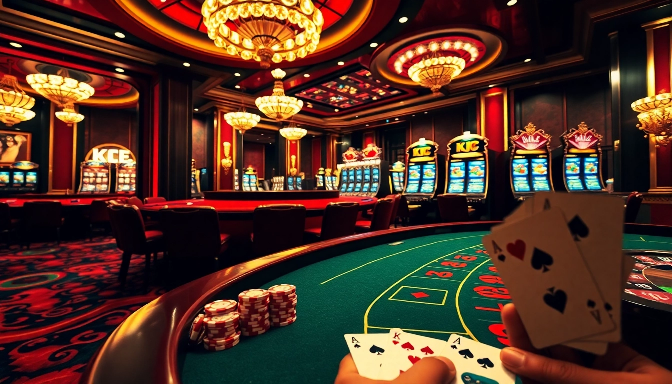 KJC players engaging in a thrilling casino game with vibrant poker cards and roulette.