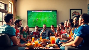 Excited fans enjoying live football at joemadfan.com gathering, showcasing team spirit.