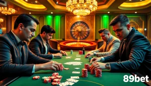 High-stakes poker scene showcasing professional players at 89bet casino table with vibrant chips and cards.
