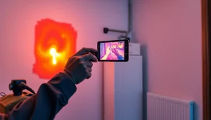 Central heating leak detection technician using thermal imaging technology in a modern home.