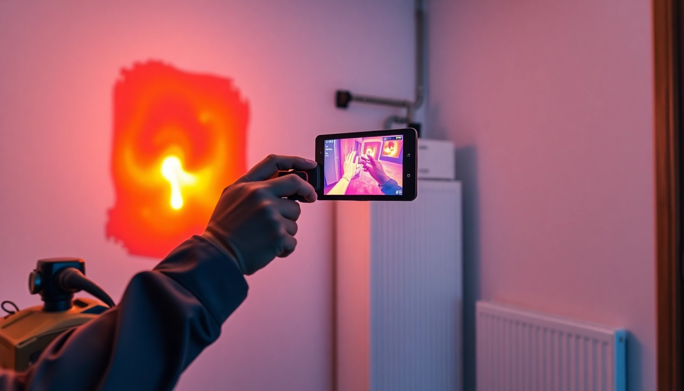 Central heating leak detection technician using thermal imaging technology in a modern home.