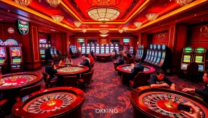 Engage in thrilling casino games at OKKING with colorful tables and vibrant slot machines.
