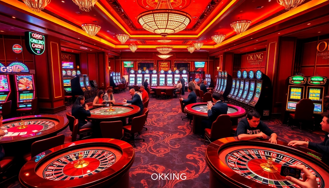Engage in thrilling casino games at OKKING with colorful tables and vibrant slot machines.