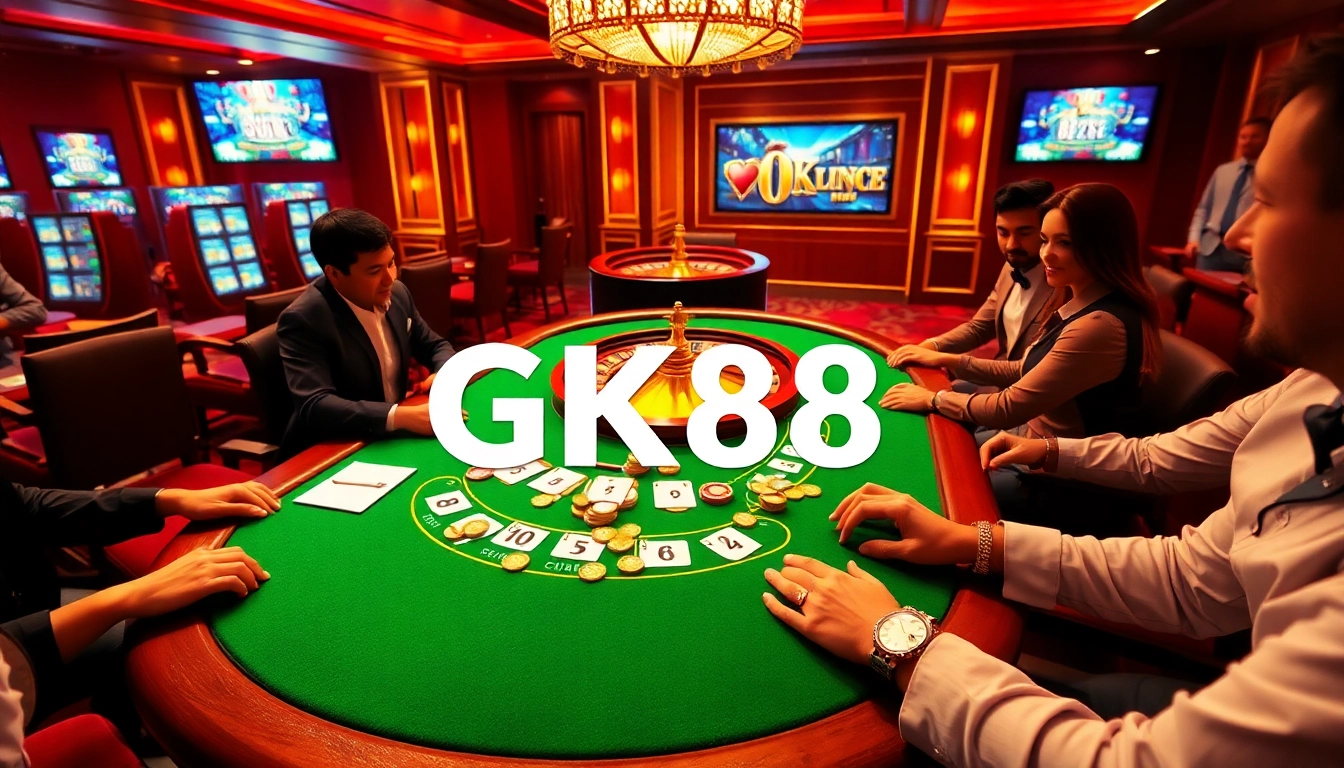 Players at a vibrant casino table engaging with GK88, surrounded by colorful chips and roulette excitement.