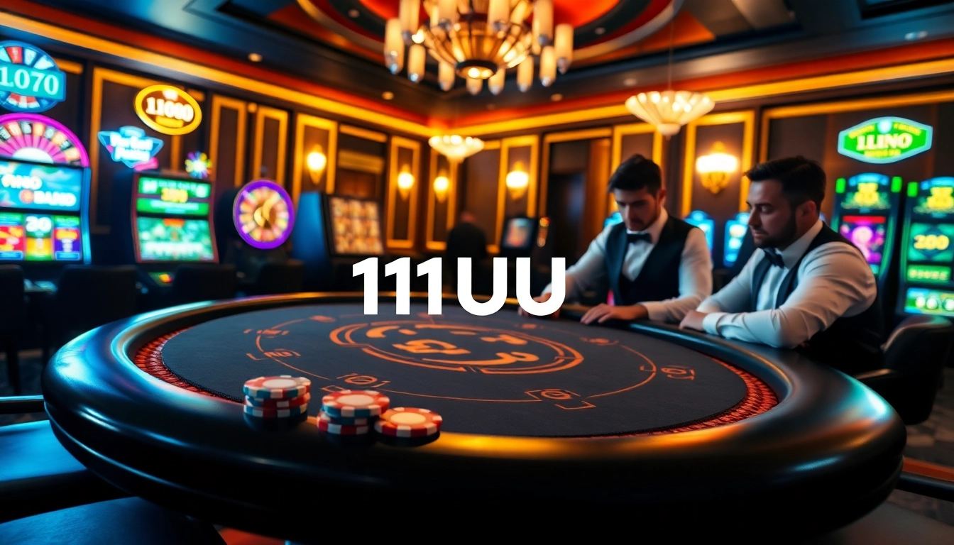 Players strategizing at a high-stakes poker table in a luxurious casino, showcasing 11UU's thrilling atmosphere.