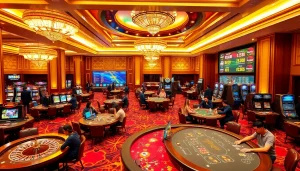 Players enjoying high-stakes games at MM88 casino's vibrant gaming floor.