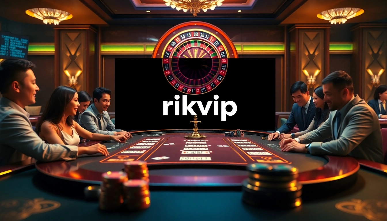 Gamblers enjoying a vibrant game at nhà cái rikvip casino, featuring poker chips and cards.