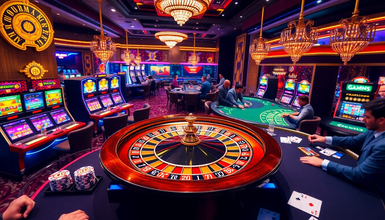 An immersive casino experience showcasing https://xocdia24h.com/ with engaging players at tables and a roulette wheel.