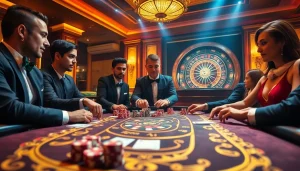 Players enjoying a thrilling game at a Sumvip casino table with luxurious poker chips and cards.