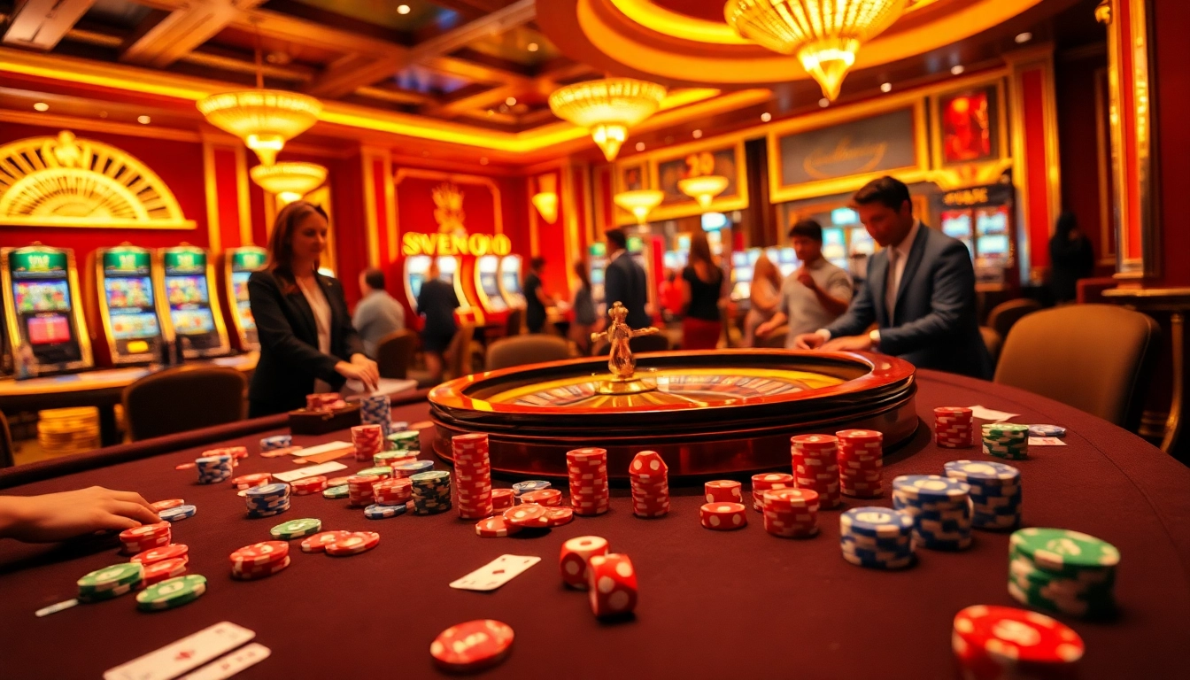 Exciting moment at a luxurious casino with sun win theme, featuring poker chips and dice in vibrant lighting.