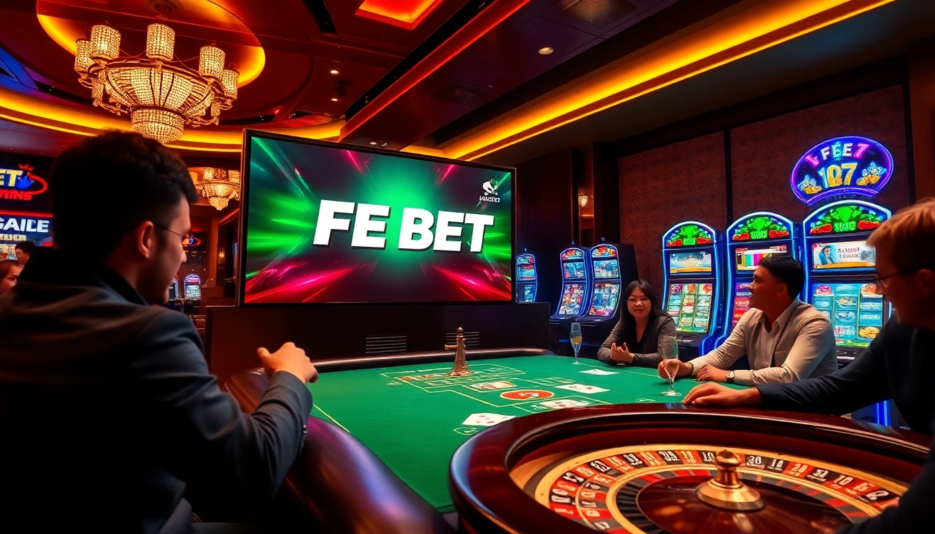Experience the excitement of FE BET at a luxurious casino with poker tables and vibrant gaming screens.
