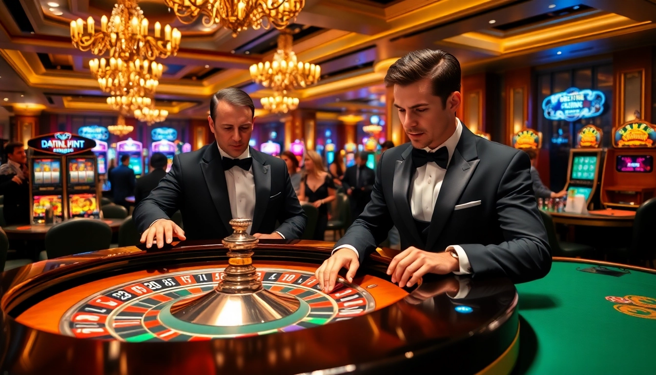 Experience the thrill of betting at https://sc88.bz/ with a vibrant casino scene featuring roulette and slot machines.