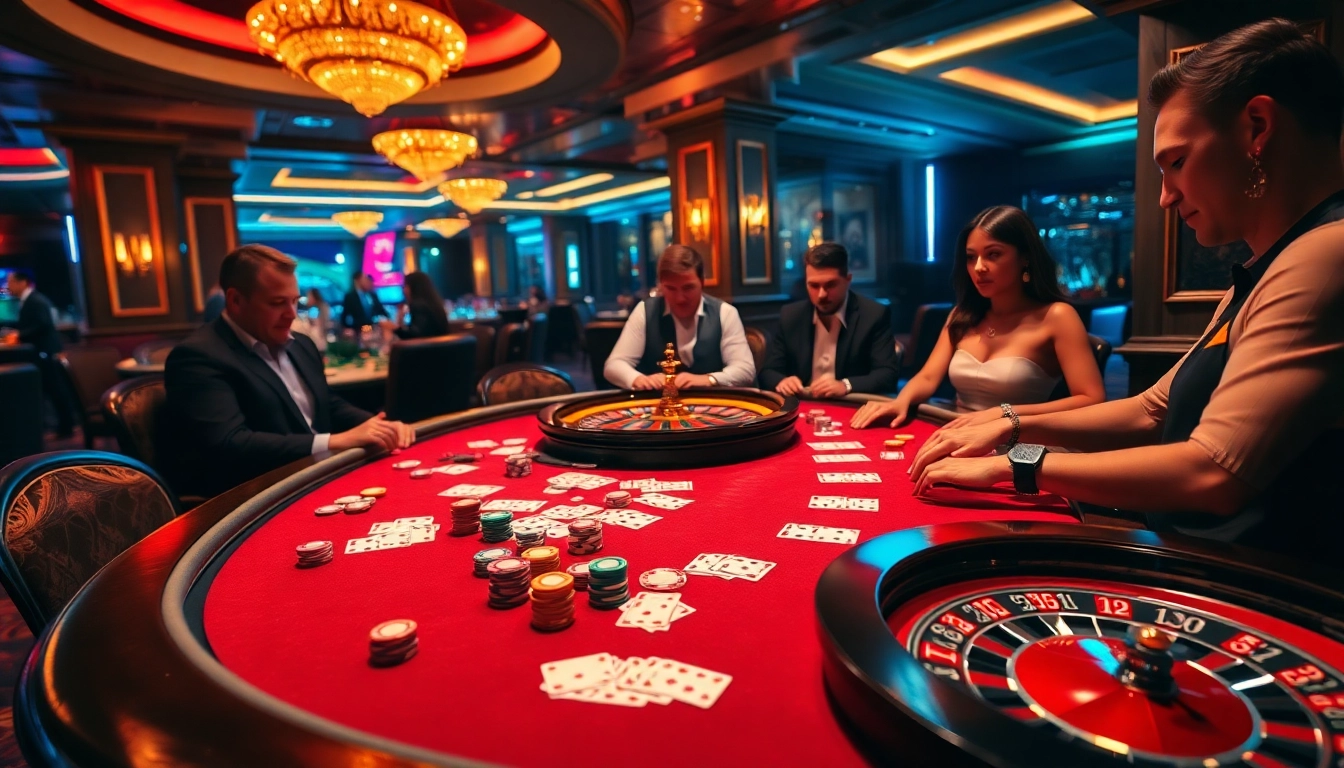 B52 poker table in a luxurious casino setting with players engaged in high-stakes action.