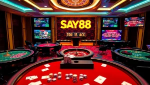 Exciting gaming atmosphere showcasing SAY88 nhà cái with players engaging in poker and roulette.