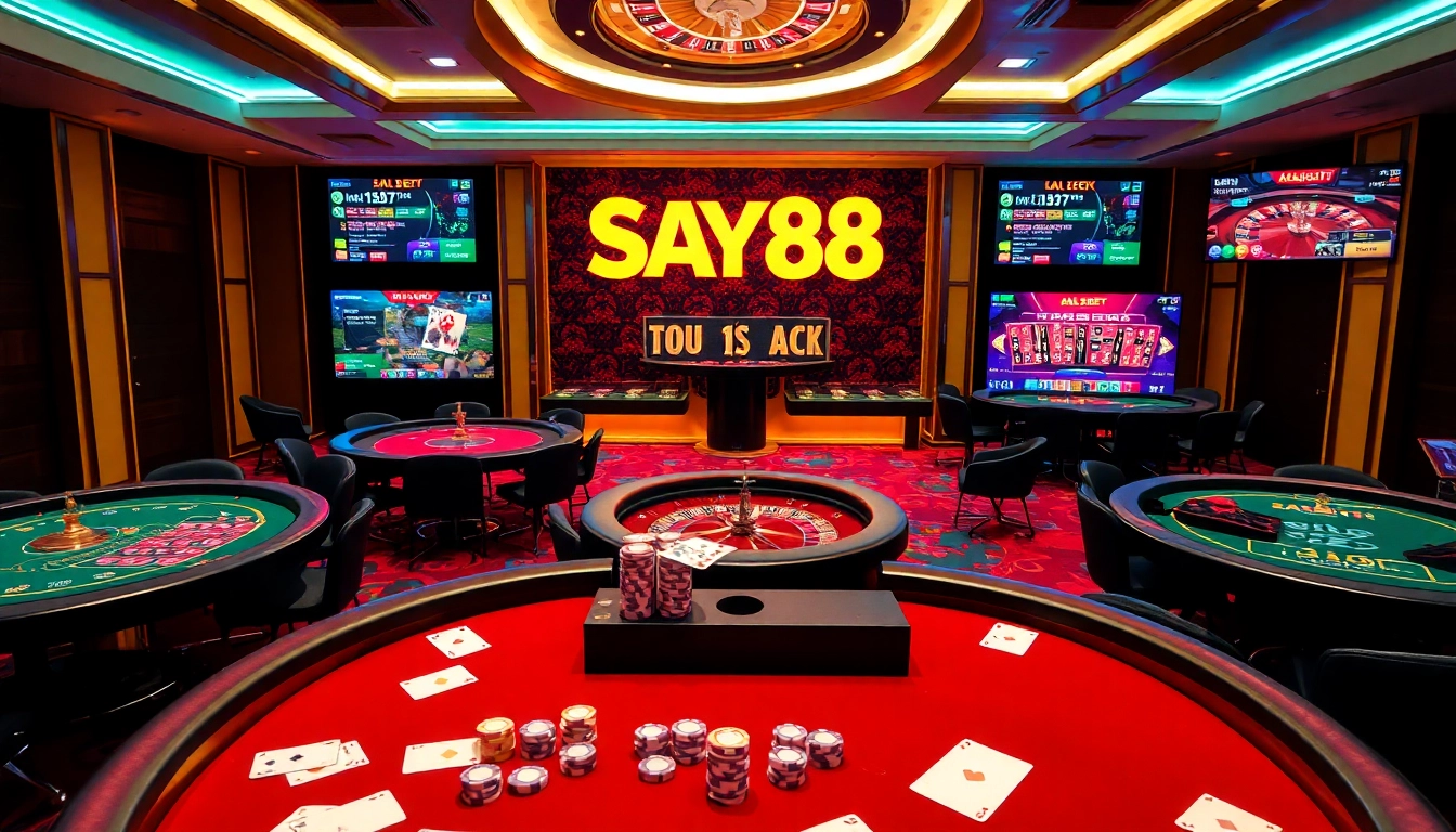 Exciting gaming atmosphere showcasing SAY88 nhà cái with players engaging in poker and roulette.