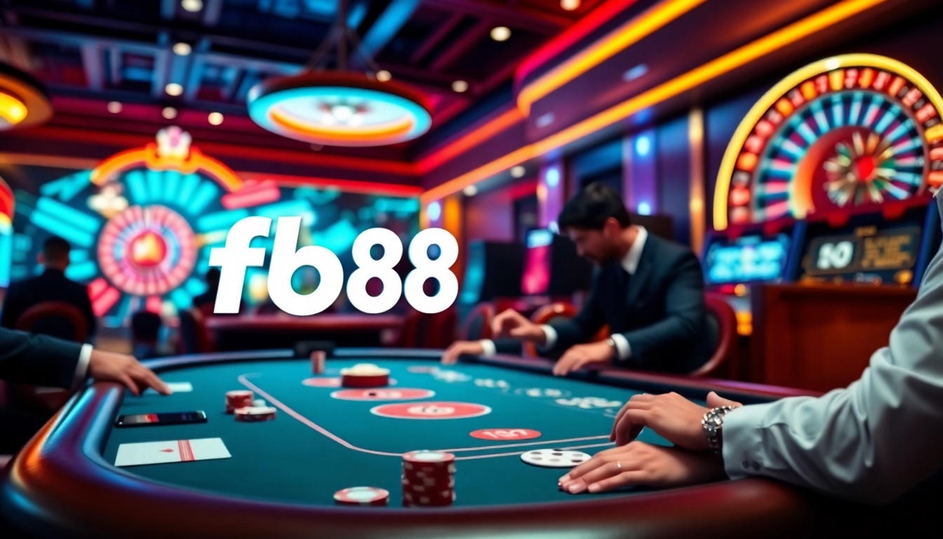 Experience thrilling gaming action at fb88 with an elegant poker table and roulette wheel.