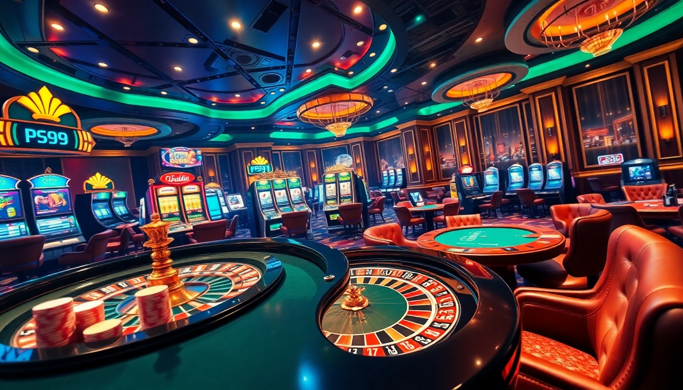 Vibrant casino scene showcasing PS99 thể thao sports betting alongside roulette and slot elements.