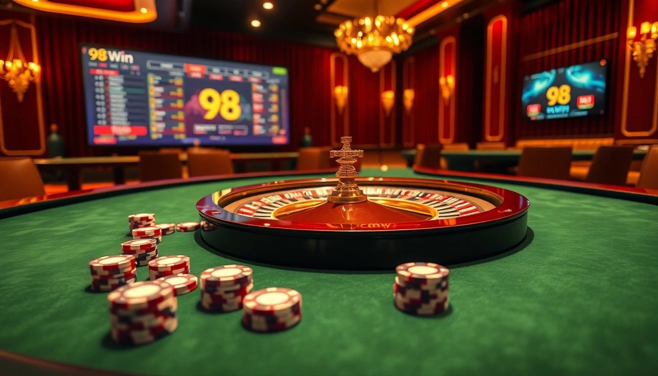 Engage with a thrilling roulette table scene at 98Win featuring vibrant colors and modern casino elements.