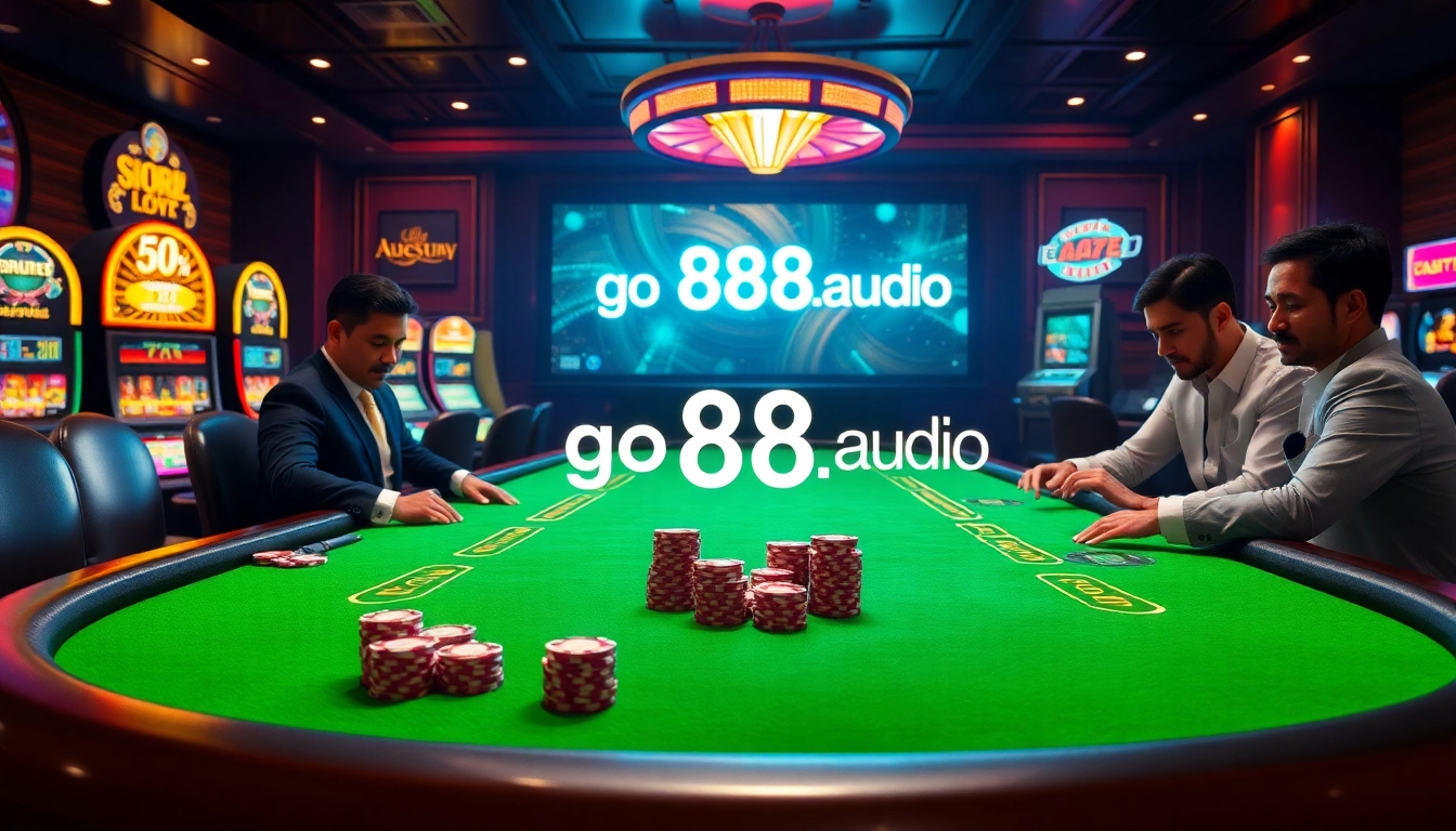 Play poker at an upscale casino while engaging with go88.audio's exciting betting interface.