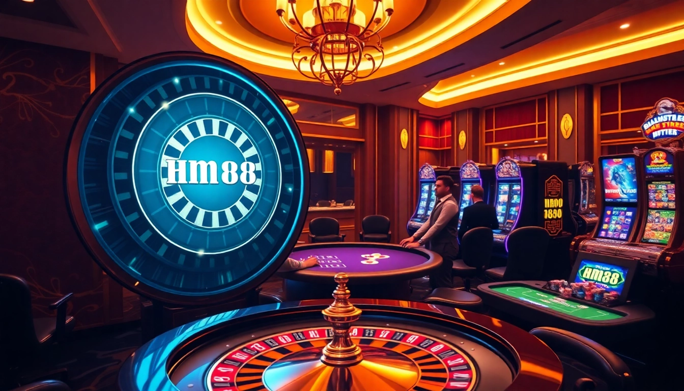 Enthusiastic players engaging in games at HM88 online casino, showcasing excitement and luxury.