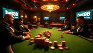 Experience the thrill of Bet88vn in a vibrant casino setting with poker tables and roulette wheels.