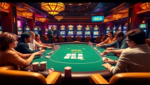 EEJL poker table scene with vibrant chips and high-energy players at an upscale casino.