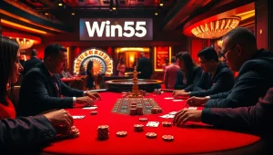 Win55 poker players strategizing at an elegant casino table in a vibrant atmosphere.