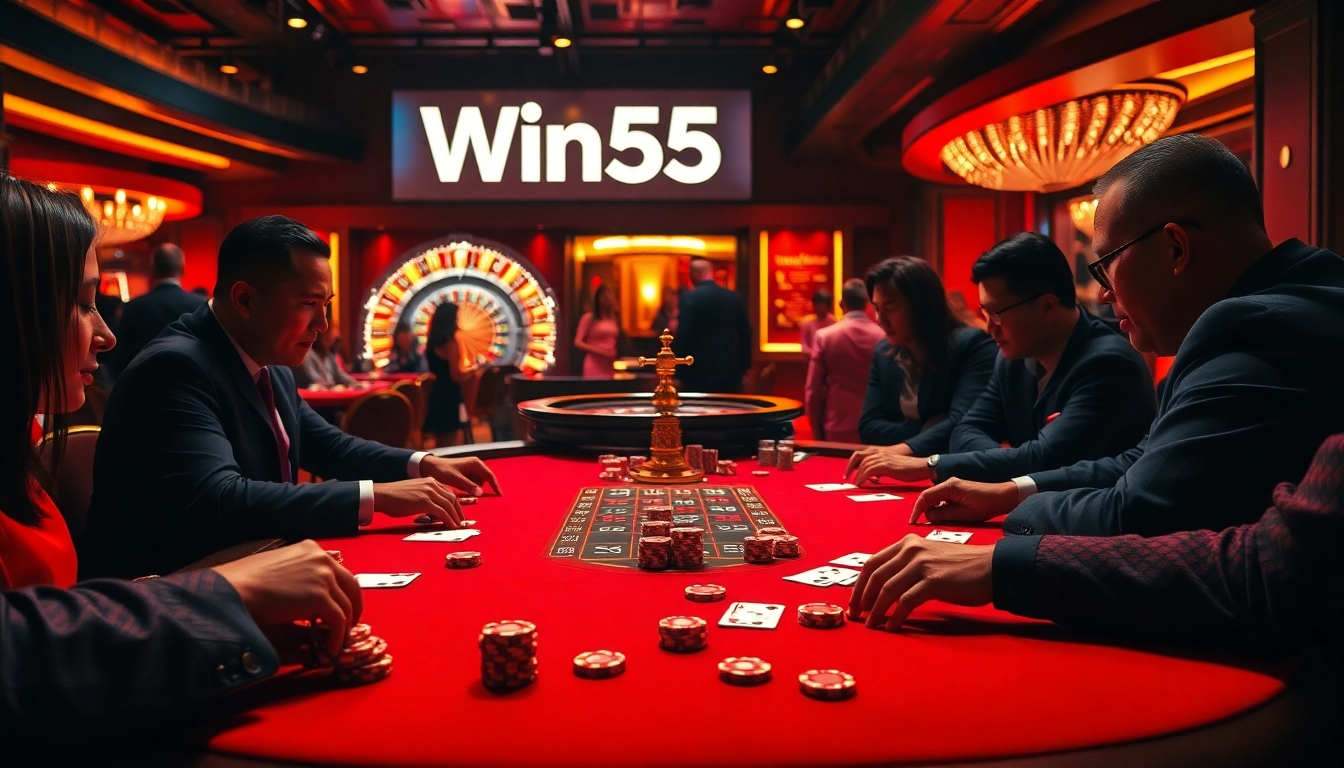 Win55 poker players strategizing at an elegant casino table in a vibrant atmosphere.